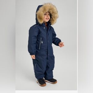 Reima Navy Kids One-Piece Bodysuit with Faux Fur Hood